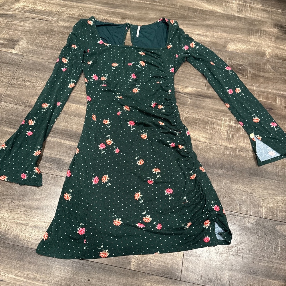 Free People Celia Emerald Jewel Green Floral Long Sleeve Mini Dress S